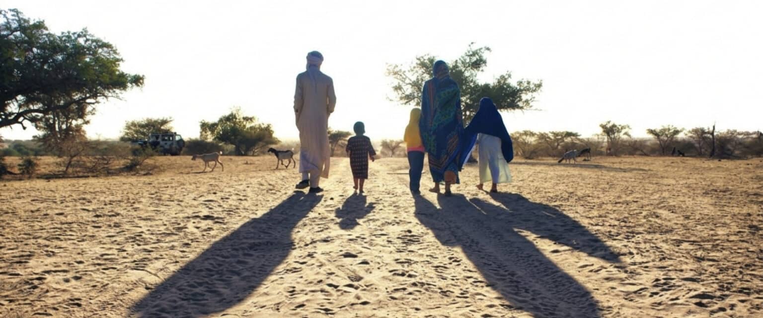 a family working in a cross cultural setting adopts local customs while walking in the desert